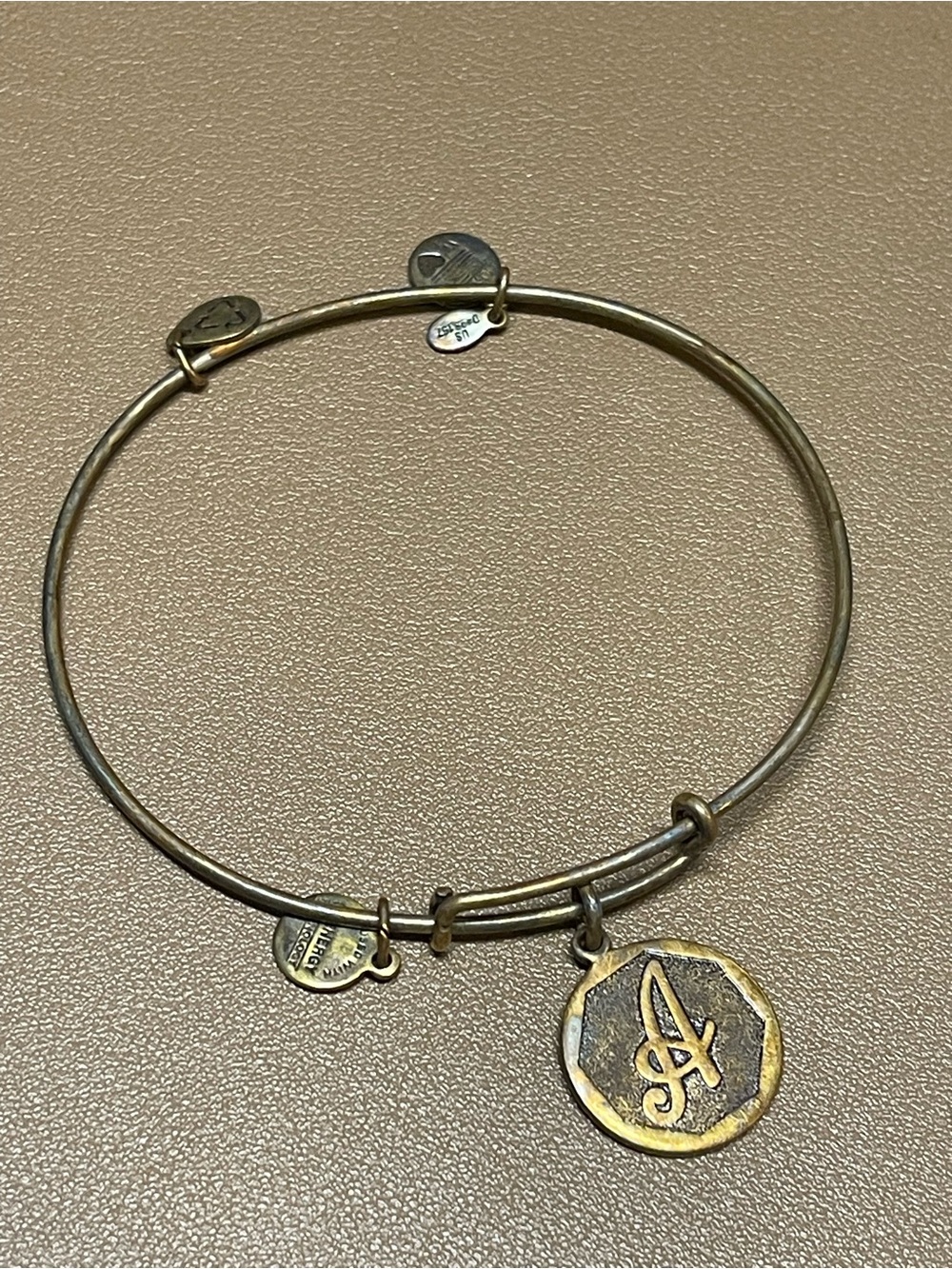 Alex and Ani Initial Letter A Script Medallion Gold Bangle Bracelet